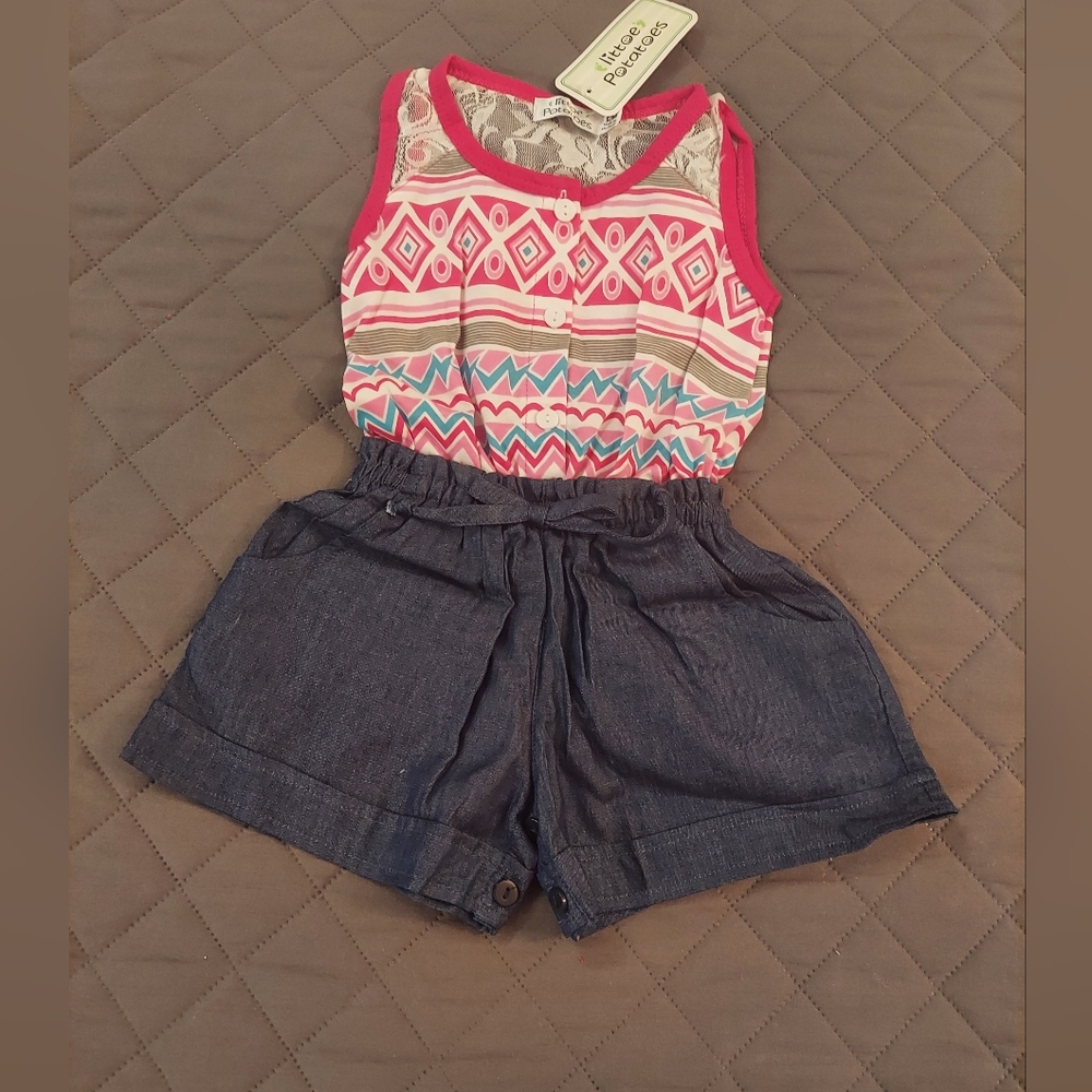 Pink Geometric Print Romper with Denim Shorts